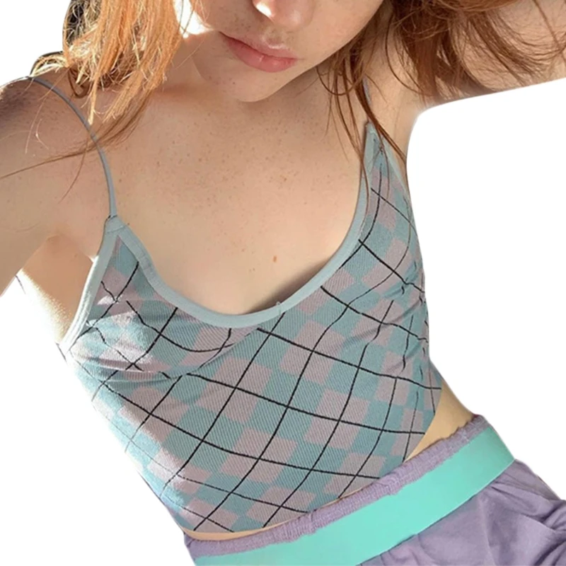 

Women Spaghetti Strap V-Neck Crop Top Argyle Plaid Print Ribbed Camisole Vest 83XF