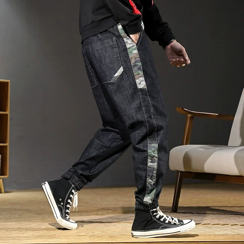 Men's Youth Casual Loose Large Size Black Jeans Korean Hip-hop Style Harem Camouflage Stitching Jeans Pants Plus Size 40 41 42