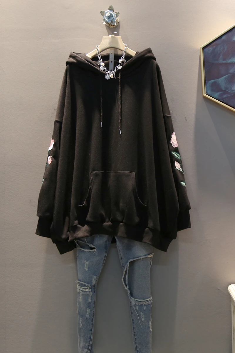 [EWQ] Autumn New Pattern Hooded Collar Long Sleeve Embroidery Print Loose Large Size Streetwear Sweatshirt Women AH62901