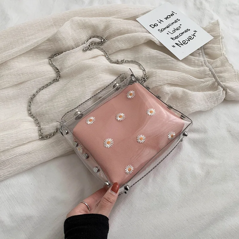 

2 шт./компл. женская сумка через плечо с маргариткой, женская сумка, новая модная универсальная прозрачная сумка с цепочкой-желе, женские сум...