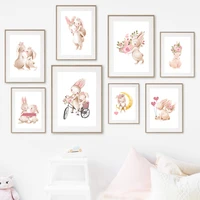 bunny rabbit flower animal nursery canvas painting nordic poster print wall art picture modern living room decor