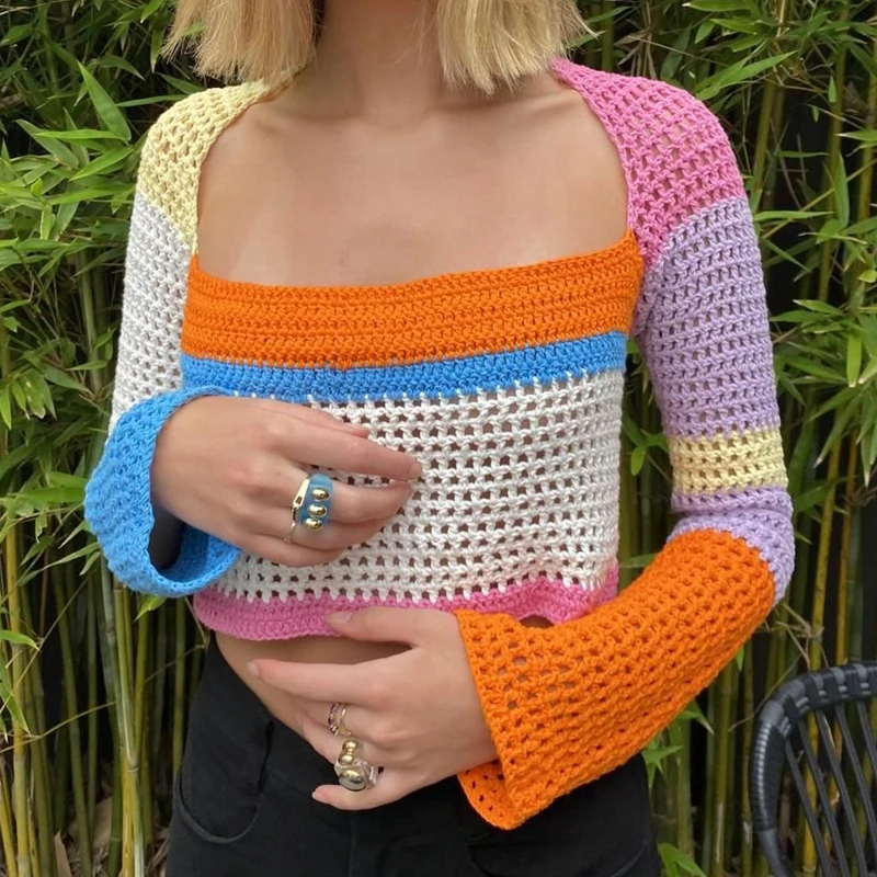 

Women Crochet Knit Crop Tops Long Sleeve Color Block Hollow Out Regular Fit T-Shirts