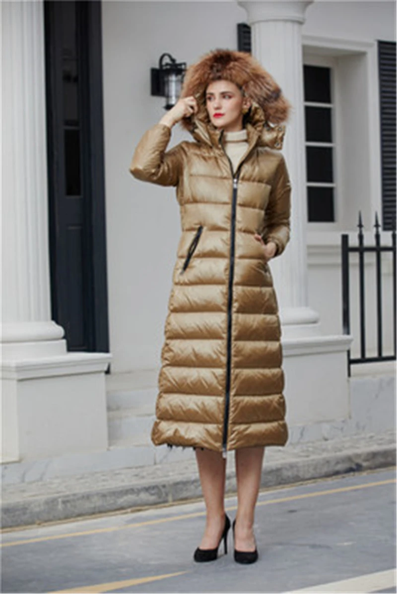 New Winter Fox Fur Collar Women's Down Coat Fashion 90% White Duck Down Coats Ladies Long Coats Slim Warm Female Down Coat N484