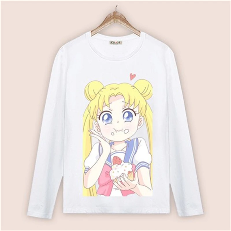 Ulzzang Harajuku Sailor Moon Print Kawaii Women Long Sleeve T-shirt Cute Cat Tshirt Cartoon Top Tees Female Casual White |