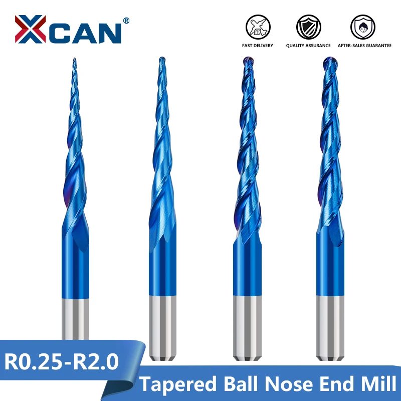 XCAN Ball Nose Tapered End Mills R0.25-R2.0 Solid Carbide CNC Router bites HRC65 Nano Blue Coating Metal Wood Engraving Bit