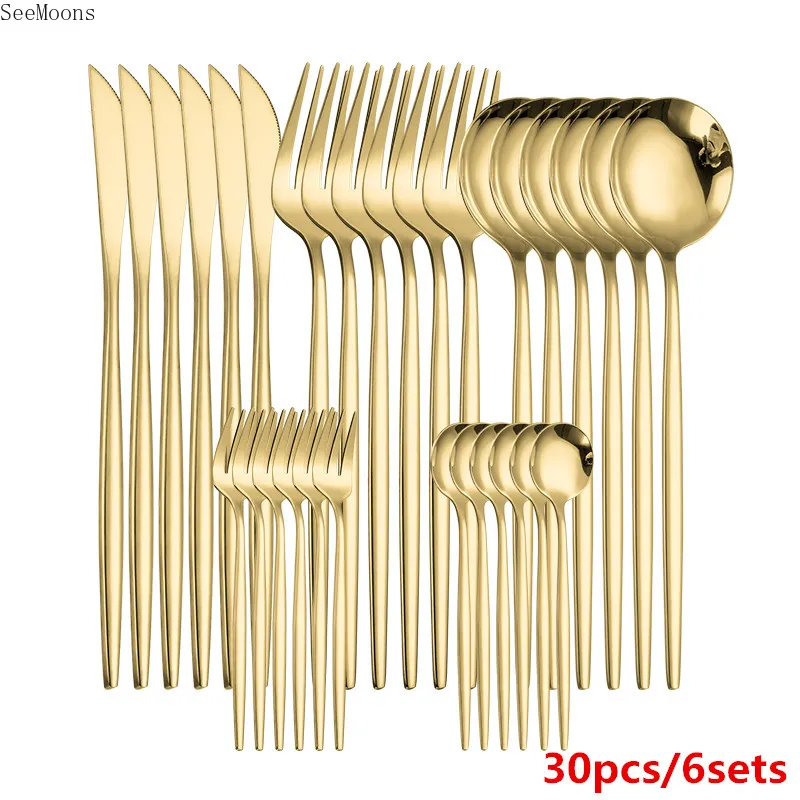 

Набор золотых столовых приборов из нержавеющей стали, золотые ножи, вилки, ложки, столовая посуда, набор золотой столовой посуды, Прямая пос...