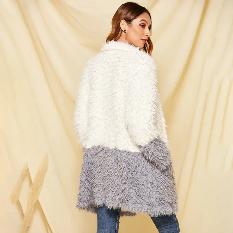 

Faux Fur Block Color Casual Coat Women Winter Autumn Warm Fur Open Stitch Long Sleeve Turn-down Collar Pockets Design Jacket