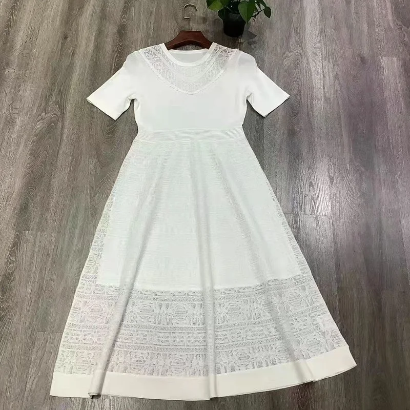 

Sweater High Quality Dress 2021 Spring Summer Women Vintage Jacquard Patterns Knitting Short Sleeve Mid-Calf Casual Dress Blue