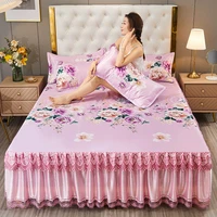 3 pcs elegant lace bed spreads machine washable folding printing bed skirt king size bed cover with pillowcases home textiles