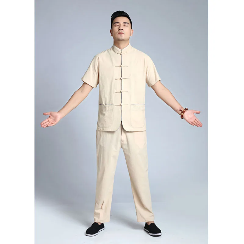 Мужской костюм из хлопка и льна в китайском стиле Однотонная рубашка ретро