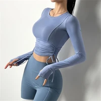 women push up yoga pullover fitness sport wear double lace up gym shirt long sleeve workout running crop top