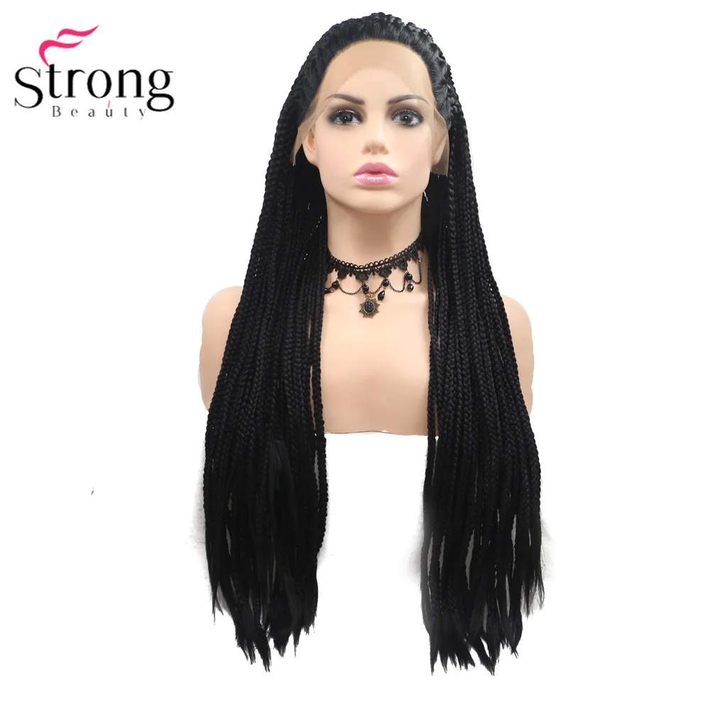 StrongBeauty коробка коса Кружева спереди длинный черный парик Омбре Синтетический Плетеный ящик косы парики для женщин