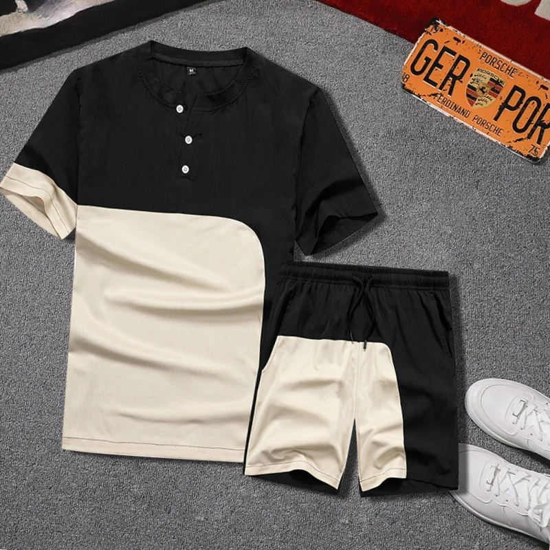 

Summer Casual Tracksuit Men Outfit 2021 New Mens Sportswear Sets Patchwork Male T-Shirt+Shorts 2PCS Jogging Sports Suit Clothing