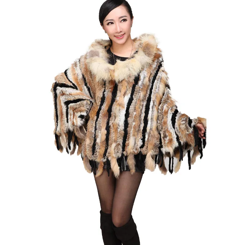 Новинка 2020 настоящая Вязаная Шаль из кроличьего меха пончо палантин с кисточками