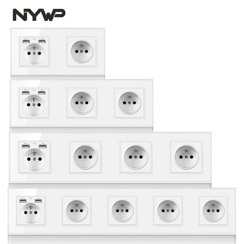 

Wall-mounted 16A French standard multi-channel power grounding socket, triple and quad socket crystal glass panel wall power usb