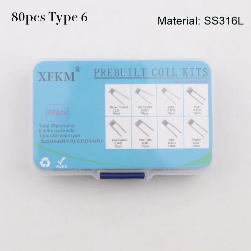 XFKM 8 в 1 готовая катушка Clapton катушка Alien Tiger Hive Quad плоский витой плавленый нагревательный провод для Vape DIY электронная сигарета предварительно изготовленная катушка - Цвет: 80pcs-316
