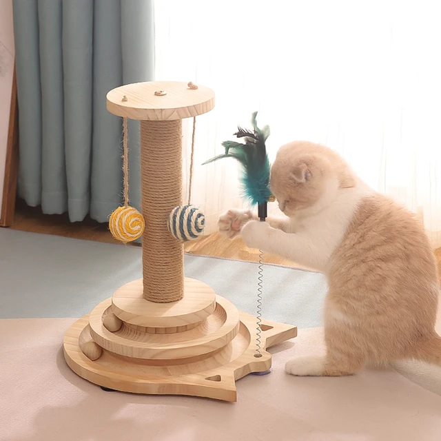 Pet Toy Interactive Cat Toy Scratching Post Two Layer Turntable Balls Wooden Funny Safe for Kitten  Puppy Playing Exercise