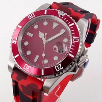 red 40mm automatic men watch 24 jewels nh35a miyota screwdown crown rotating bezel rubber band sapphire crystal date magnifier