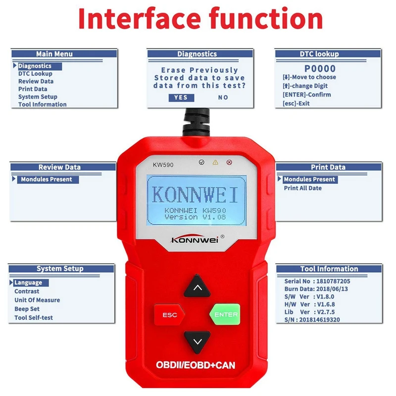 

KONNWEI KW590 OBD Diagnostic Tool Car Code Reader Automotive OBD2 Scanner Support Multi-Languages