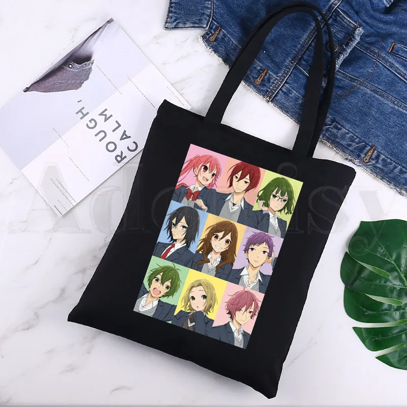 

Horimiya Hori San To Miyamura Kun Anime Cartoon Black Canvas Print Shopping Bags Girls Fashion Life Casual Pacakge Hand Bag