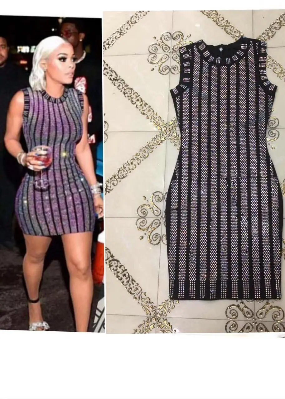 

Fashion Sexy Women Purple Diamonds Dress O-Neck Backless Solid Bandage Dress