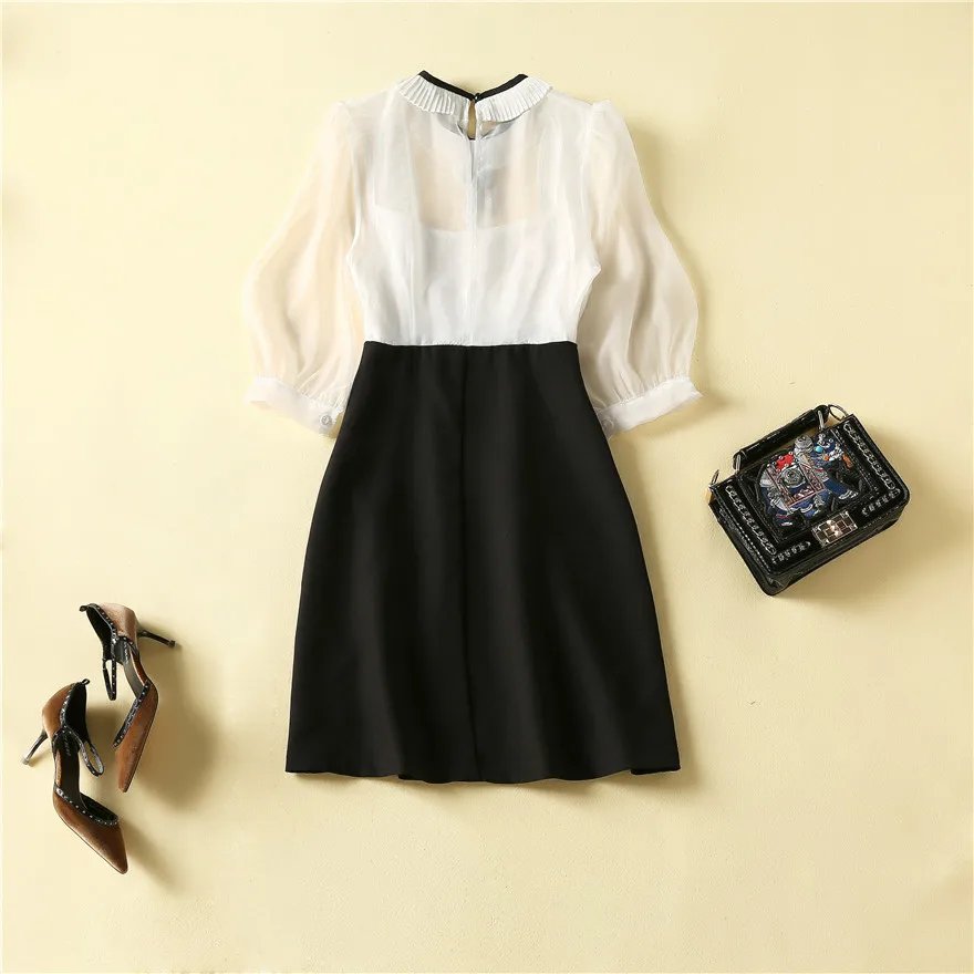 

European High Street Runway Fashion Boutique Dresses Women Half Sleeve Ruffle Gauze Patchwork Pencil Dress