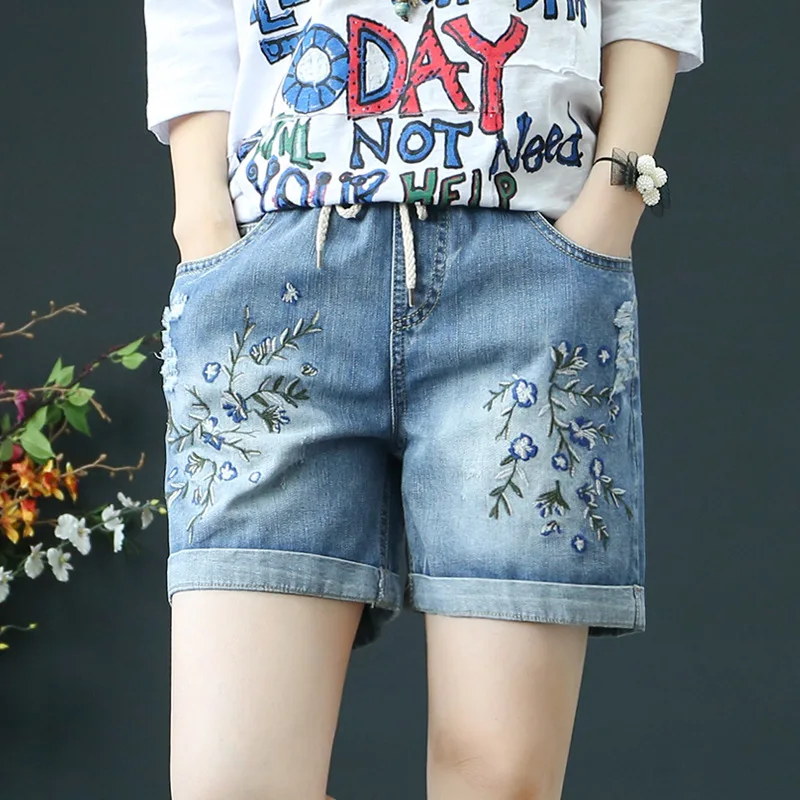 

Summer Casual Denim Shorts Women Elastic High Waist Ripped Vintage Embroidery Pocket Jeans Shorts Pants Ropa De Mujer