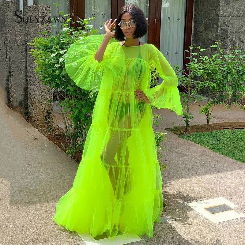 Пикантные туфли неонового зеленая сетчатая с оборками и длинными расклешенными