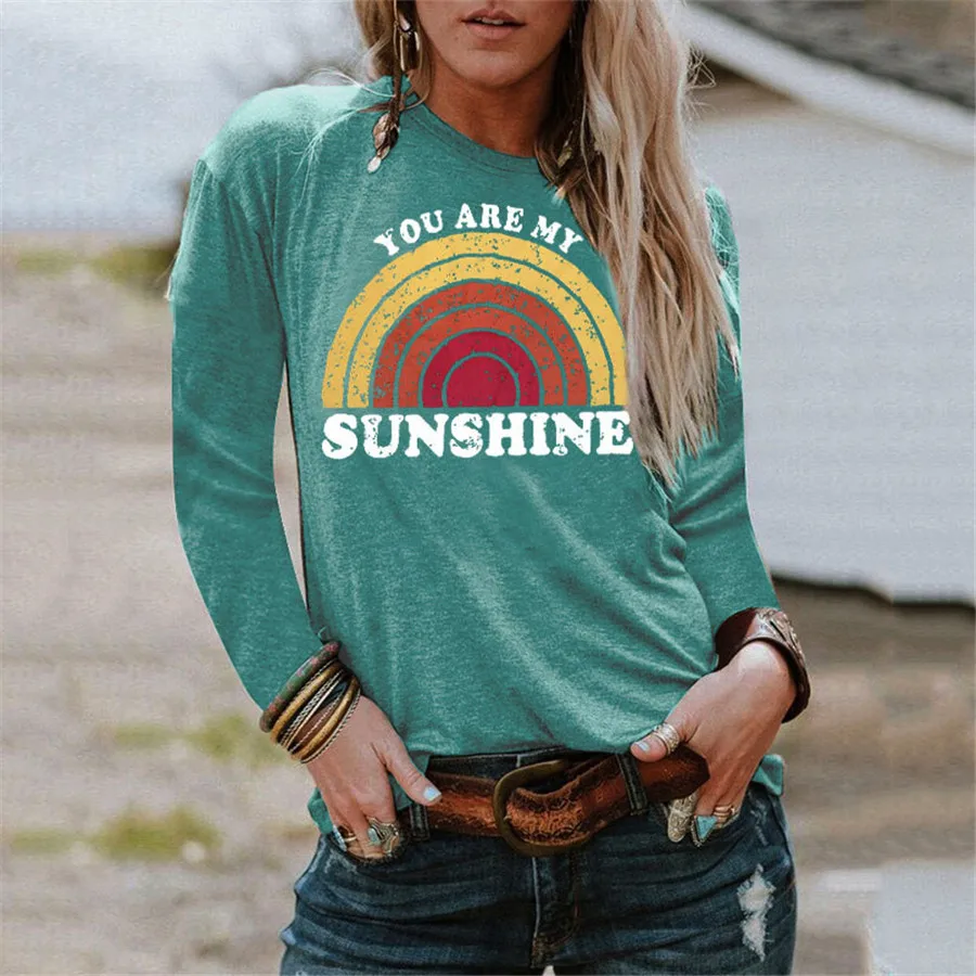 

Summer 2020 Women's Alphabet print long sleeve shirt Fun long sleeve round neck fashion cute T-shirt