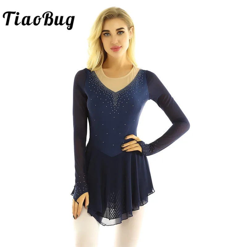 

TiaoBug Women Long Sleeves Shiny Rhinestones Figure Skating Dress Gymnastics Leotard Stage Performance Ballet Dance Costume