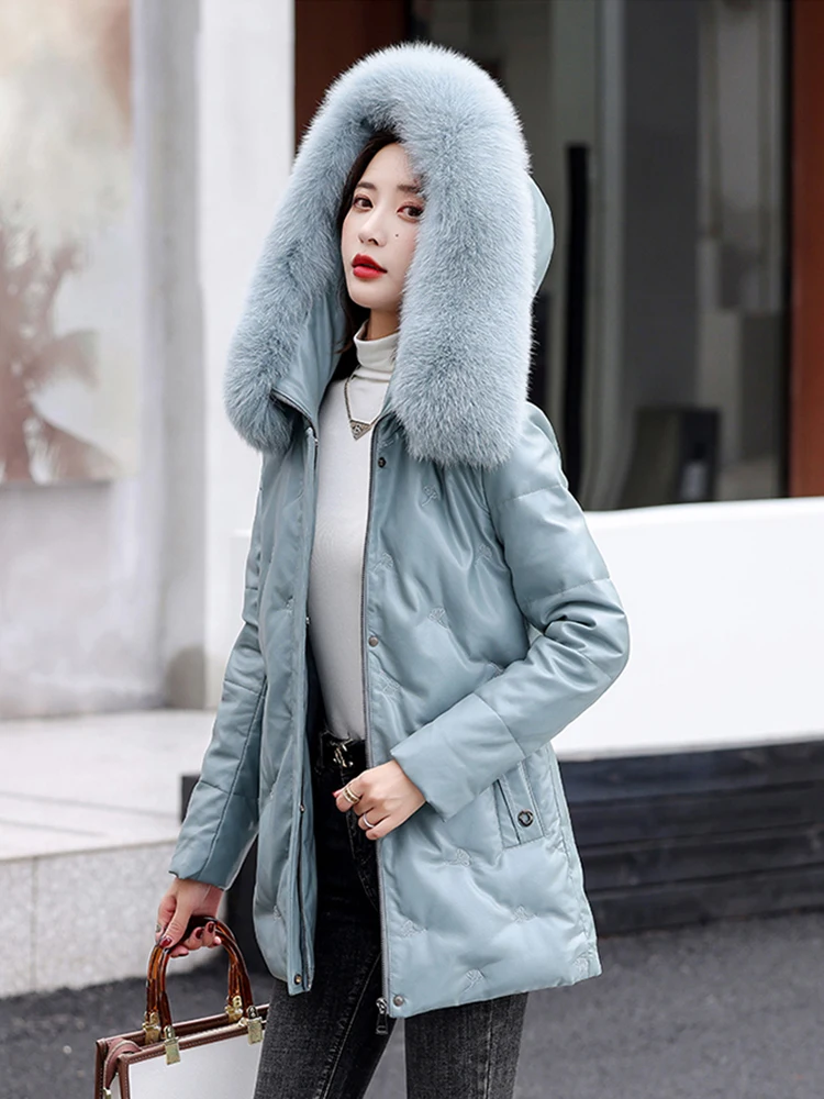 New Women Sheepskin Down Coat Winter 2022 Fashion Fox Fur Collar Medium Long Thick Warm Sheep Leather Down Coat Oversize Coat