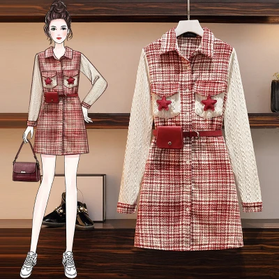 

2021 Women Dress Autumn Winter Turn Down Collar Knitted Long Sleeves Patchwork Woolen Ladies Casual Dresses S237