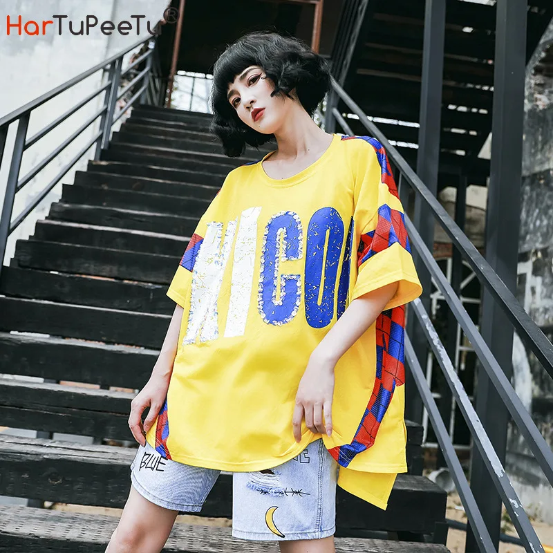 

Long Cotton Tees Women Summer Loose T Shirt Oversize Casual Bead Sequin Letters Design Back Patchwork Colours Block Holes Tops