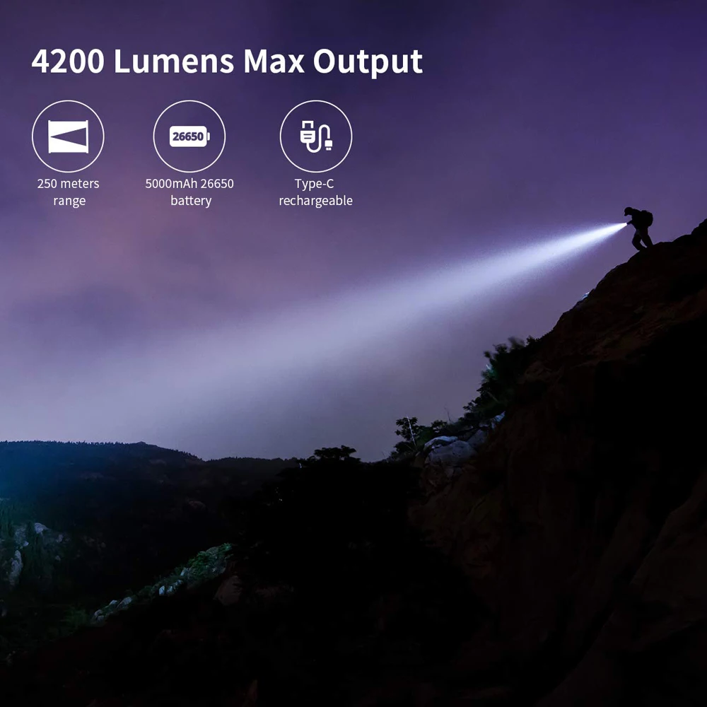 Bestellen WUBEN LED Taschenlampe Super Leistungsstarke Taschenlampe 26650 5000 MAH Batterie 4200 Lumen CREE Wasserdicht Typ-C Wiederaufladbare Taschenlampen T70