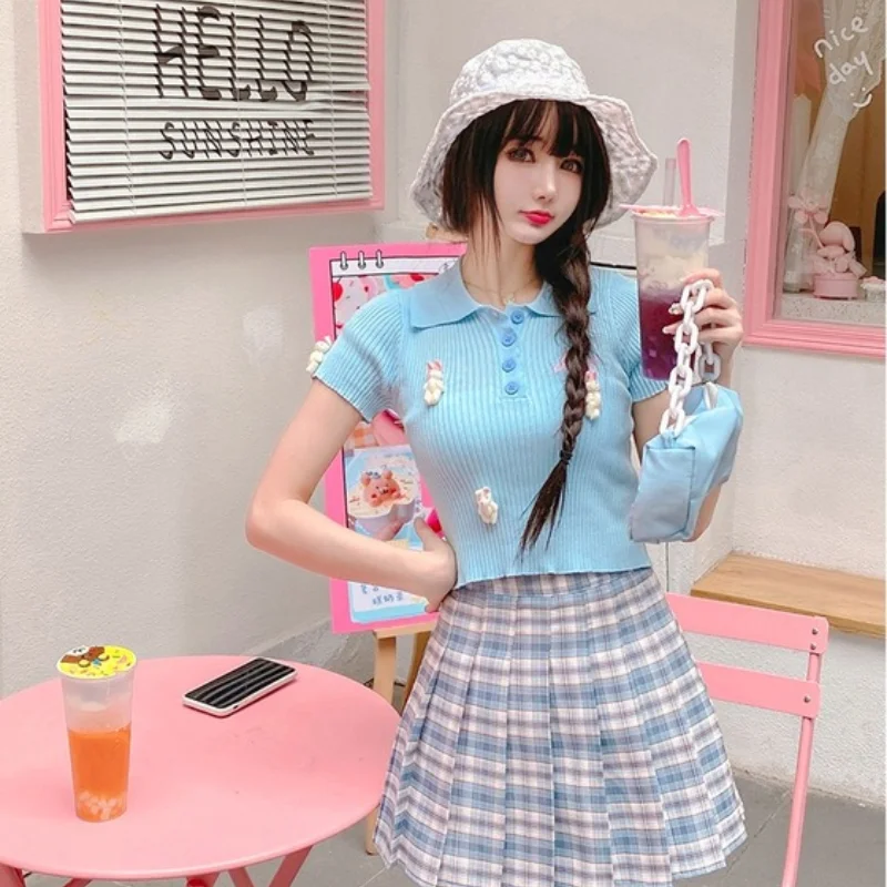

Harajpoo Women T Shirts Summer Korean Style Salt Sweet Harajuku Fresh Student Kawaii Lapel Half Sleeve Y2k Short Fashion Tops
