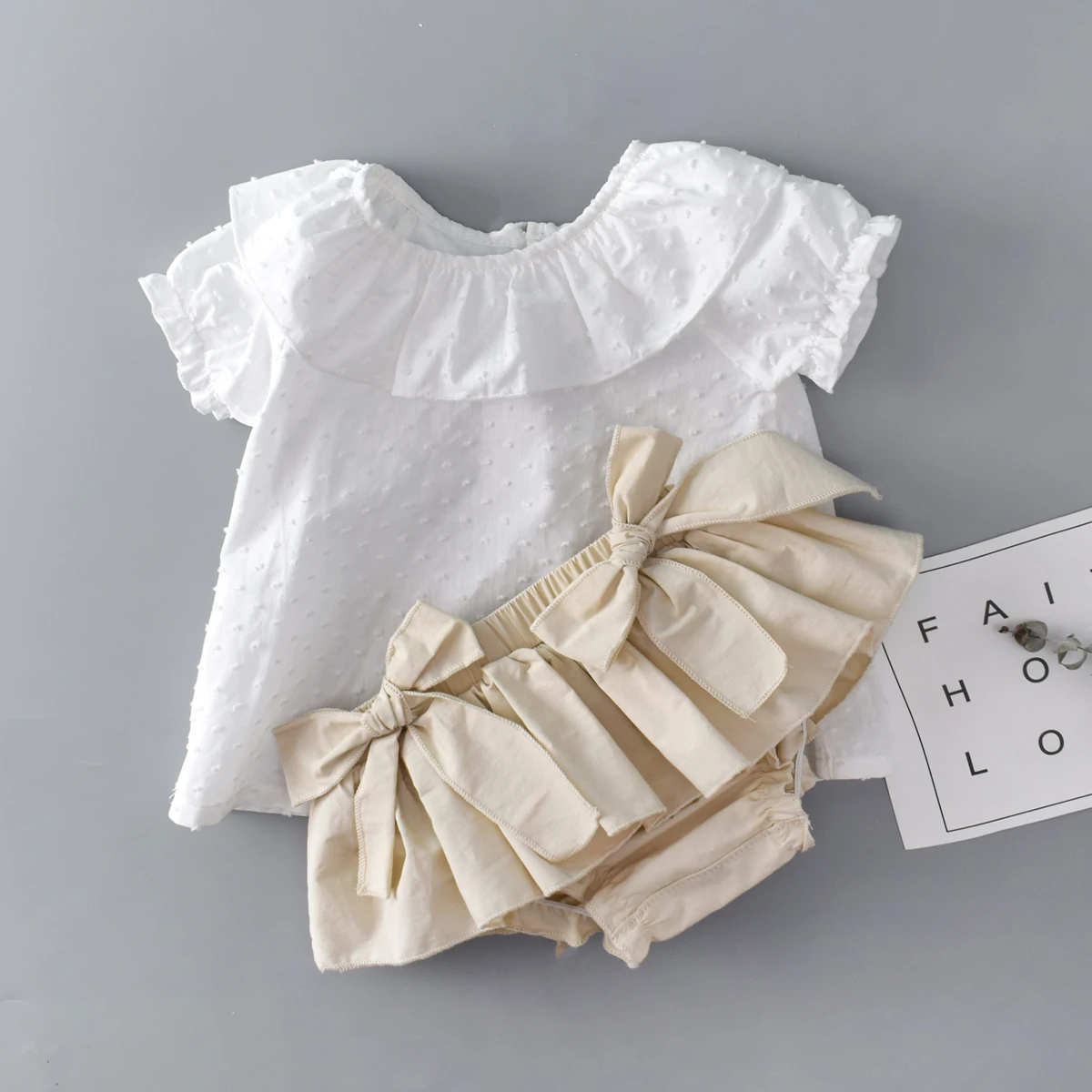 Baby Girls Clothing Set Summer Toddler Girl Shorts Set White Ruffle Top +Bow Bloomers Suit Boutique Cotton Outfit