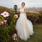 Кружевное свадебное платье цвета шампанского с круглым вырезом, а-силуэт, с 3D аппликацией, просвечивающее платье невесты с вырезом