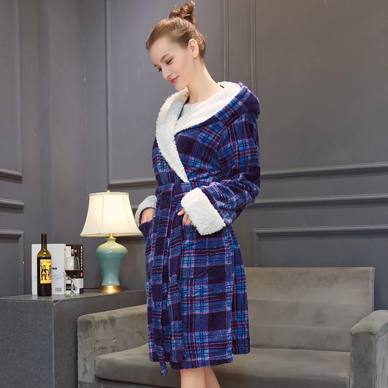 Зимний теплый фланелевый Халат-кимоно Женская Хлопковая пижама в клетку с