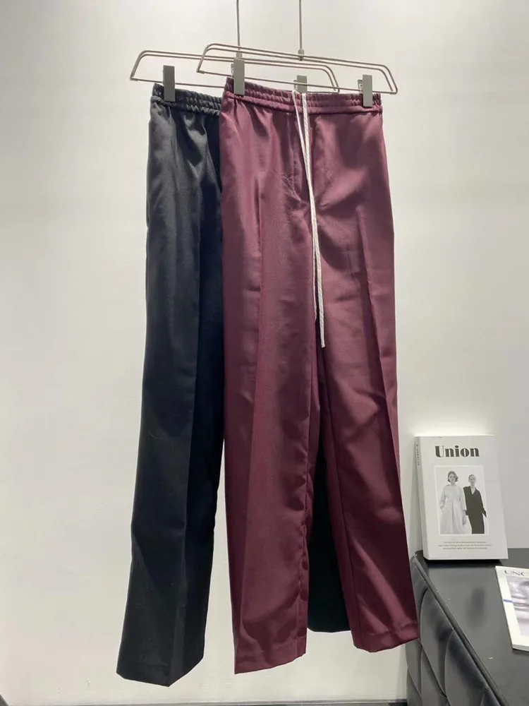 Длинные брюки из смесовой шерсти женские офисные на шнуровке с эластичным поясом