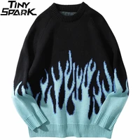 hip hop mens streetwear harajuku knitted sweater blue fire flame 2021 autumn sweater pullover loose hiphop retro vintage cotton