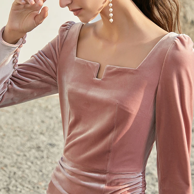 

SISPELL Pure Color Ruched Women's Dresses Square Collar Long Sleeve High Waist Slimming Side Split For Female Elegant Dresses