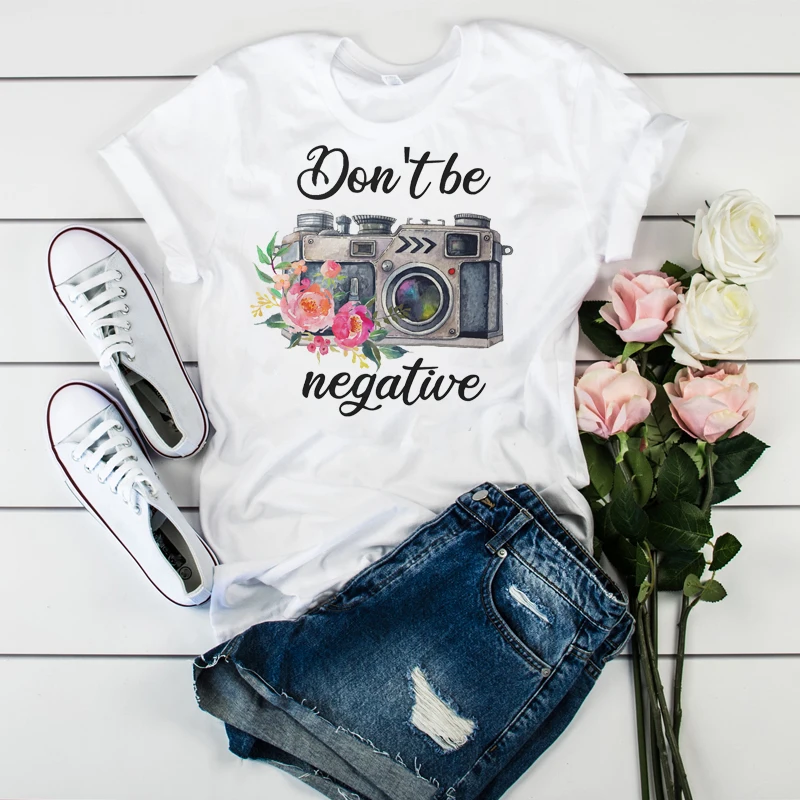 

Women T-shirt Vintage Print Watercolor Female T-shirt Don't Be Negative Camera Flower Ladies Mujer Women Graphic T-shirt Tops