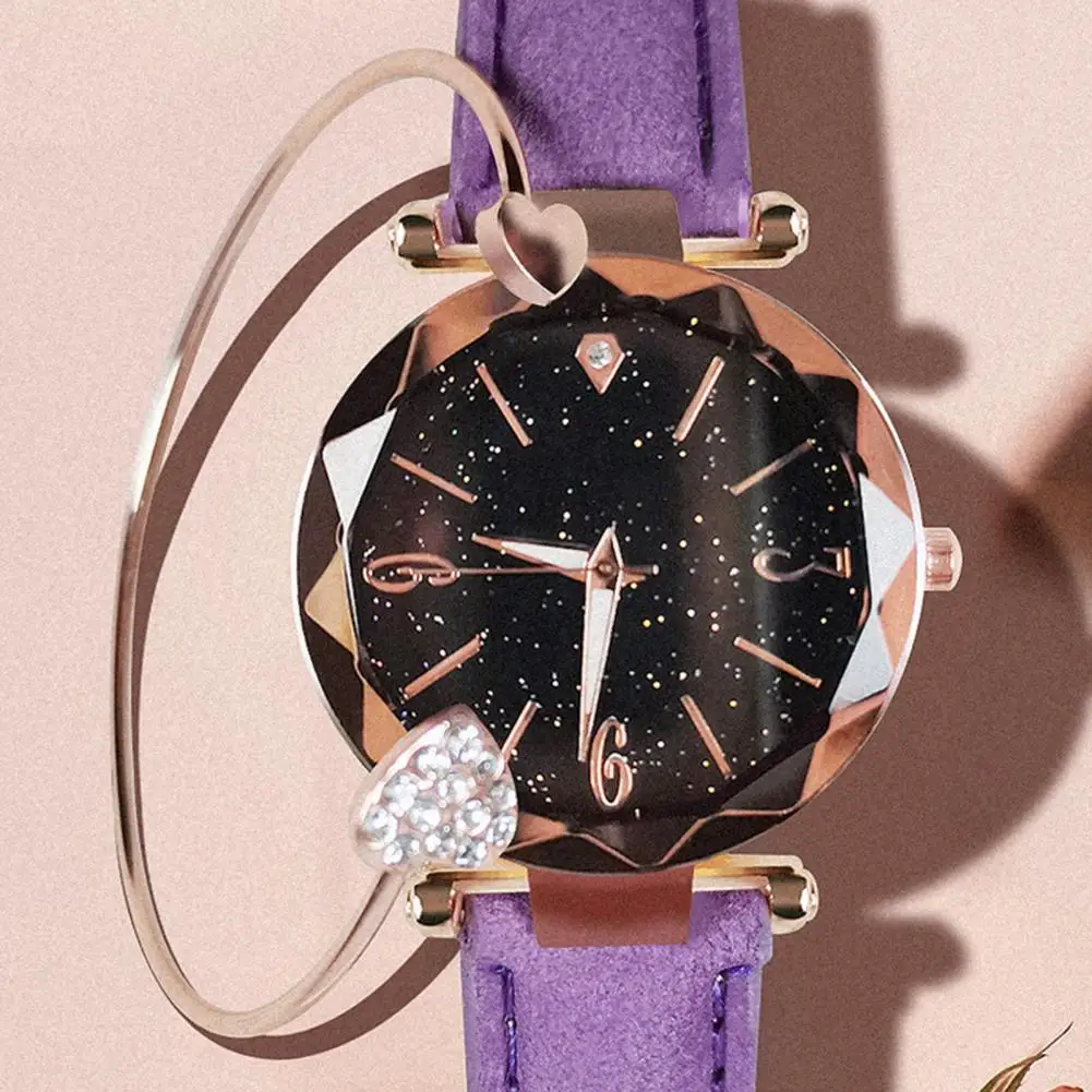 

2021 New Fashion Simple 2Pcs/Set Women Starry Sky Round Dial Alloy Quartz Movement Bangle Watch Wristwatch for Office