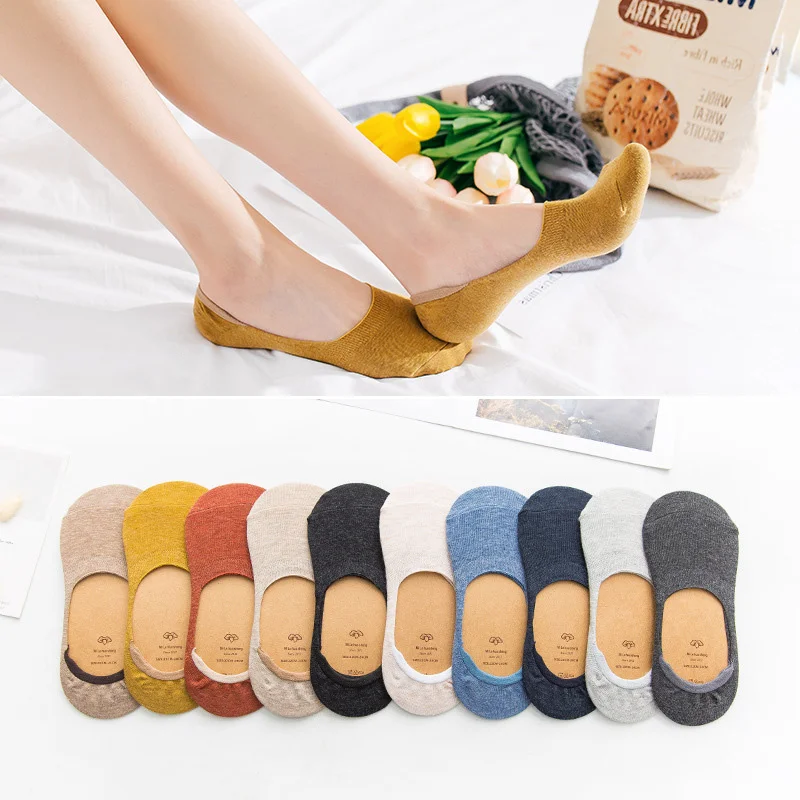 

10 pieces = 5 pairs Women Cotton No show Socks non-slip Summer Solid Color Silicone Socks felmen Thin Invisible Slipper Socks