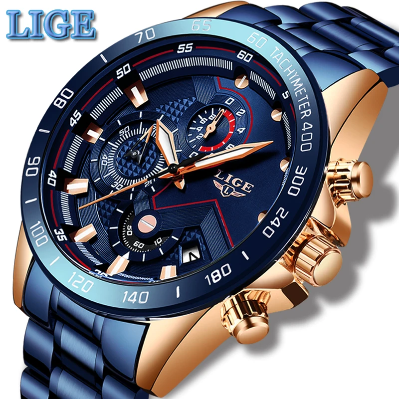 LIGE новый деловой мужской роскошный бренд часов наручные часы из нержавеющей