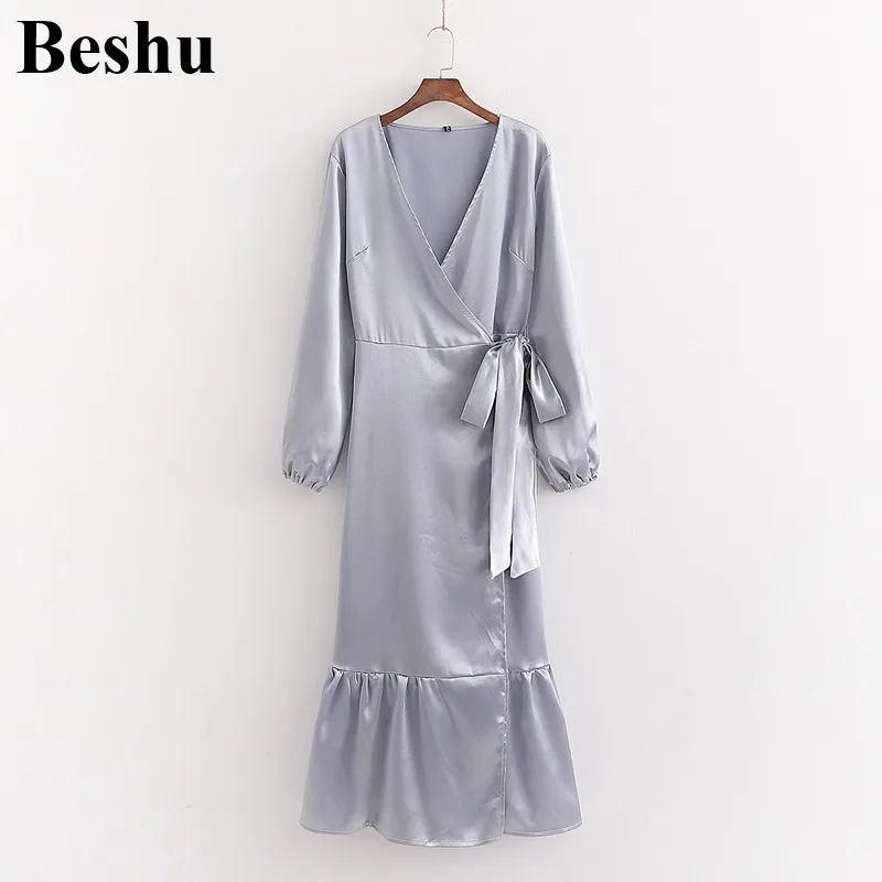 Женское длинное атласное платье za винтажное элегантное с запахом и v-образным