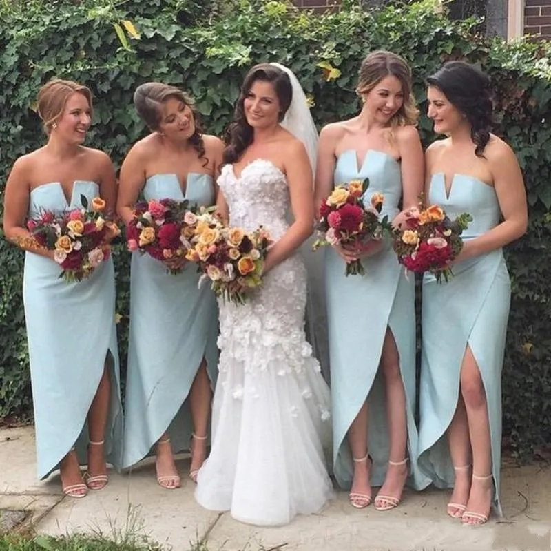 

Cheap High Low Beach Bridesmaid Dresses Side Split Satin Wedding Guest Dress Sheath Simple Bohemian Maid Of The Honor Gowns