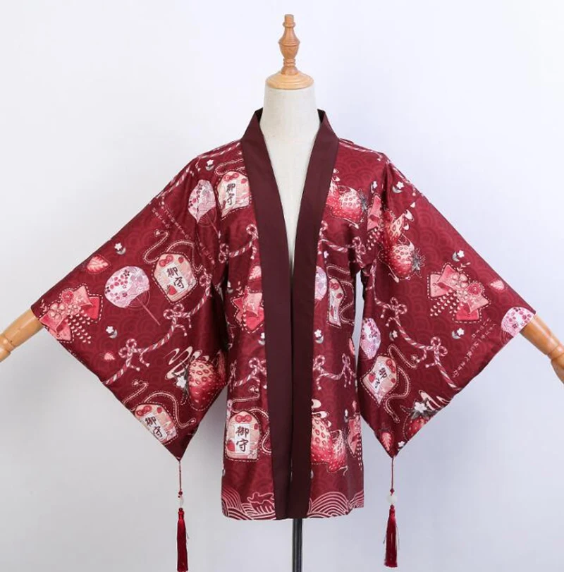 Long Haori Red Японский стиль кимоно куртка Красный милый клубника длинное пальто Haori - Цвет: Long Haori Red