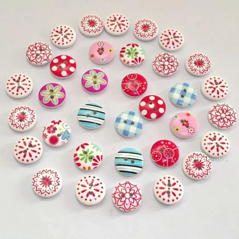 Best Selling Newest 100Pcs 2 Holes Mixed Printing Round Pattern Wood Buttons Scrapbooking 15mm Cute Beautiful | Дом и сад