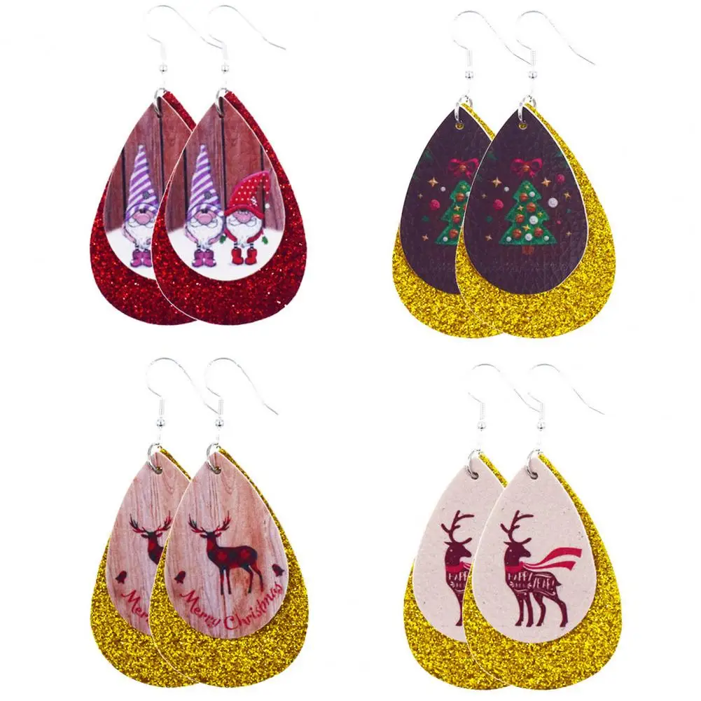

Women Santa Claus/Snowman/Elk Faux Leather Christmas Drop Hook Earrings Gifts